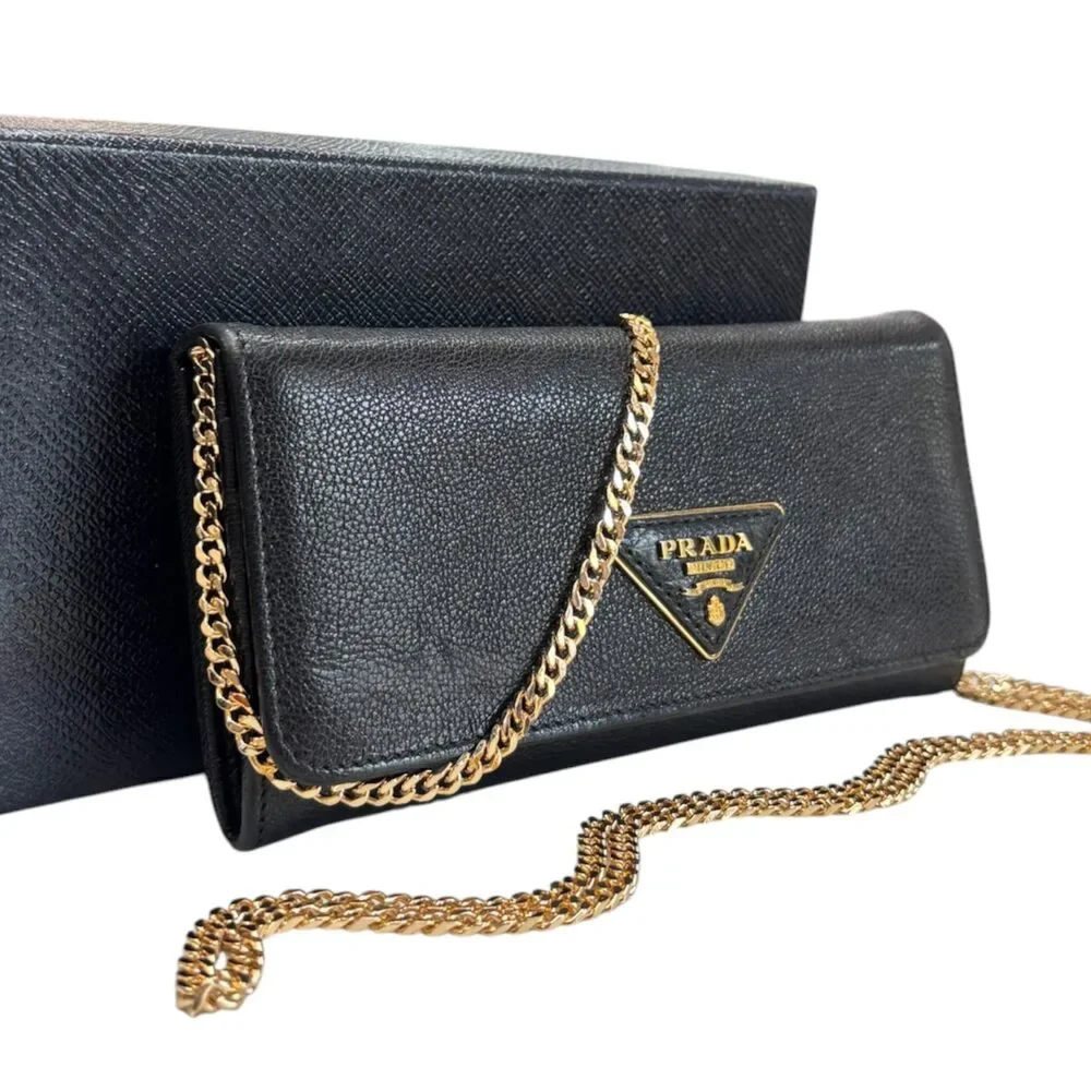 PRADA Black Grained Leather Wallet/Card Holder WIth Chain - Picture 4 of 9